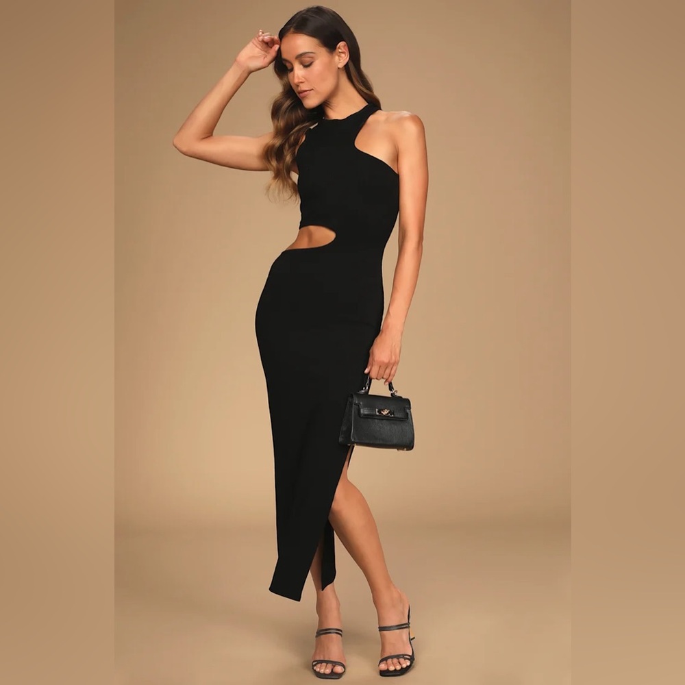 Lulus Catching Looks Black Asymmetrical Cutout Bodycon Midi Dress